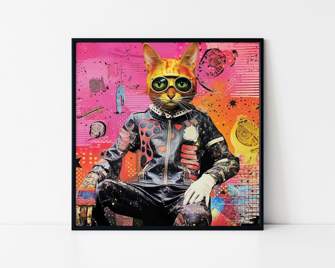 Cool Orange Cat Racer Pop Art Pink Racing Suit Portrait Poster