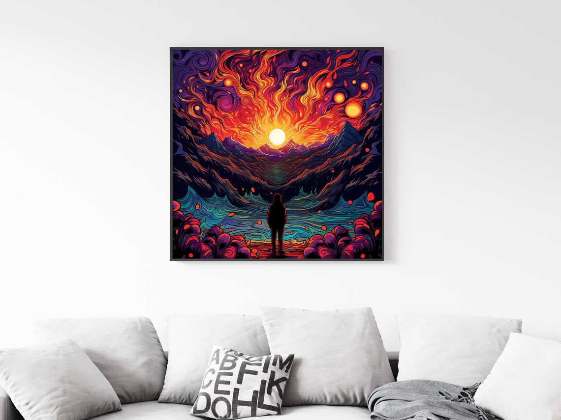 Lone Figure Fiery Psychedelic Sunset Swirling Cosmic Peaks Poster - Image 2