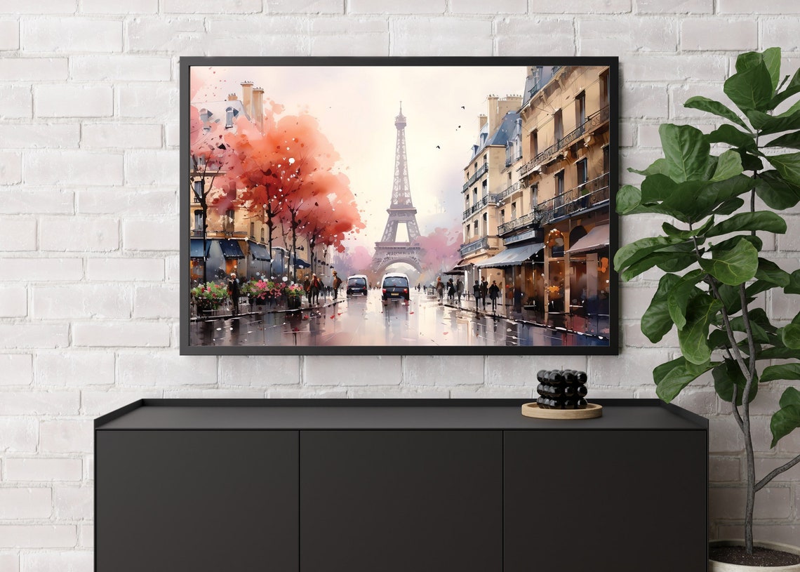 Paris Eiffel Tower Watercolor Rainy Street Autumn Trees Art Poster - Image 5