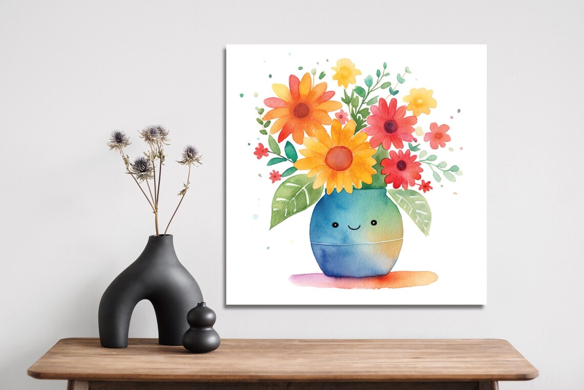 Smiling Vase Watercolor Flowers Cute Happy Bouquet Nursery Poster - Image 5