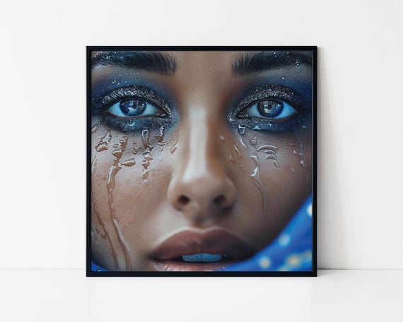 Tearful Blue Eyes Water Droplets Glitter Makeup Beauty Portrait Print