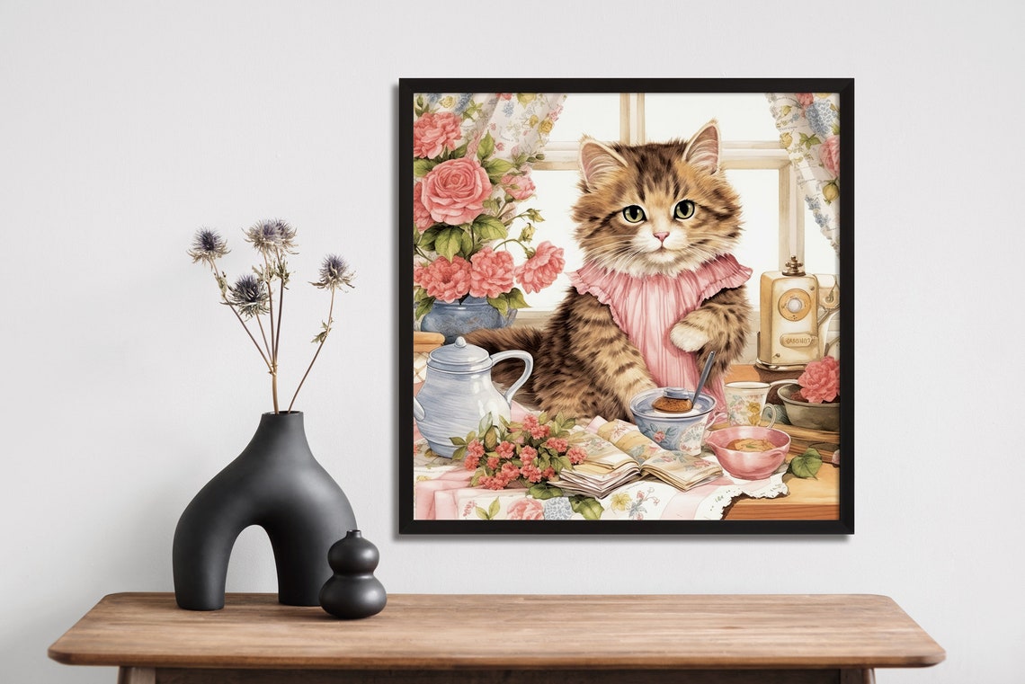 Kitten Tea Party Pink Dress Cute Tabby Cat Afternoon Tea Poster - Image 4
