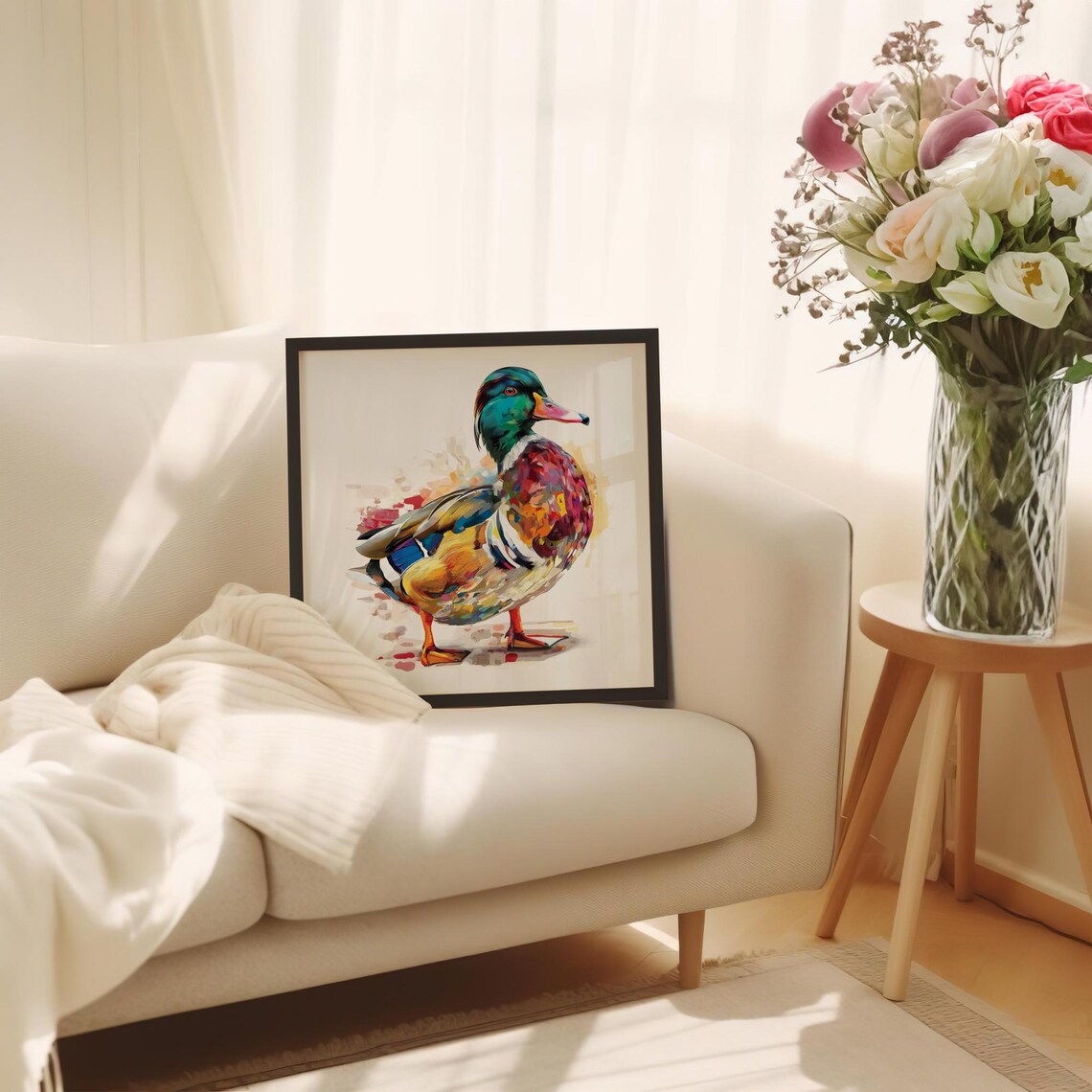 Colorful Mandarin Duck Watercolor Bird Portrait Nature Poster - Image 3