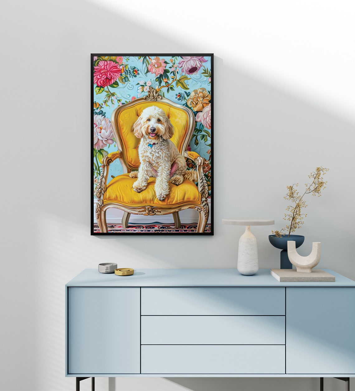 Elegant Labradoodle Dog Sitting On An Antique Chair In Oil Painting Style Framed Poster Elegant Dog Portrait Dog Wall Art Wall Hanging - Image 4