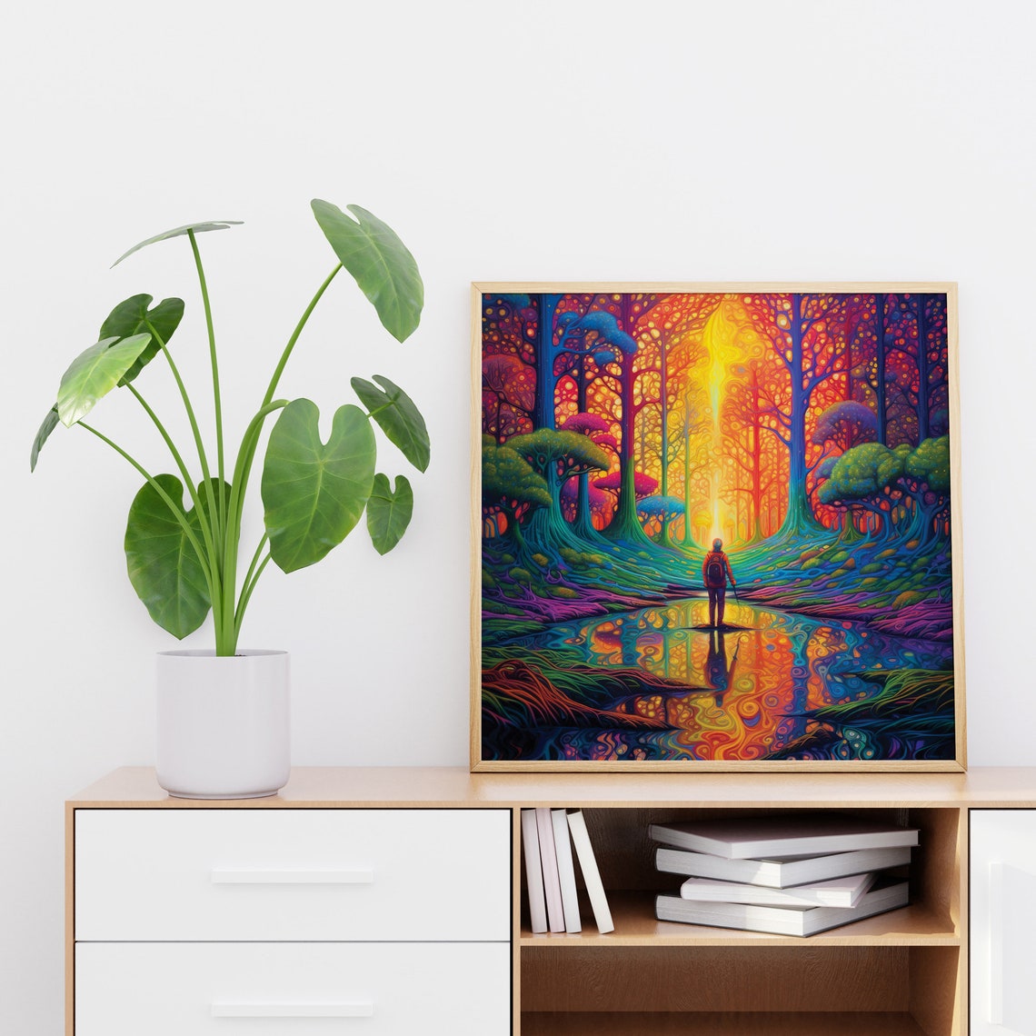 Lone Hiker In Psychedelic Rainbow Forest Reflective Lake Art Poster - Image 4