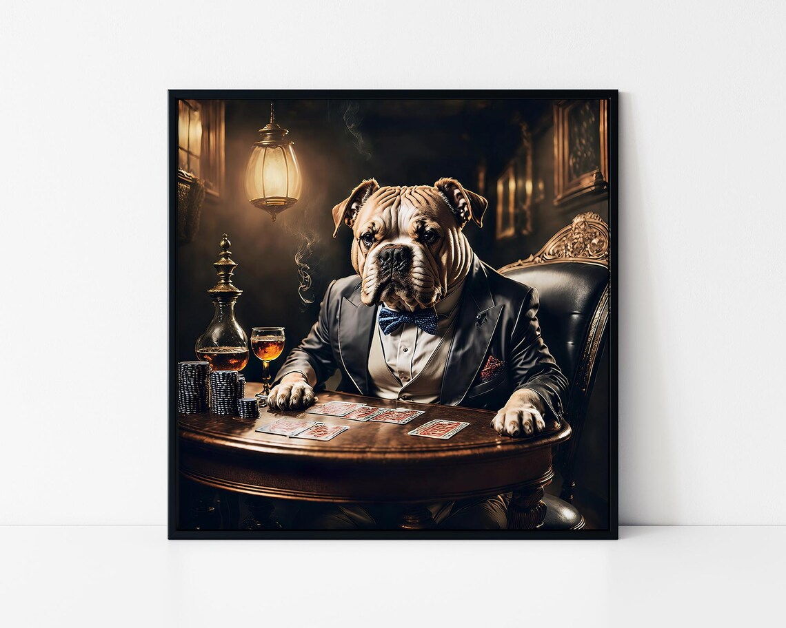 Bulldog In Suit Playing Poker Vintage Casino Card Night Art Poster
