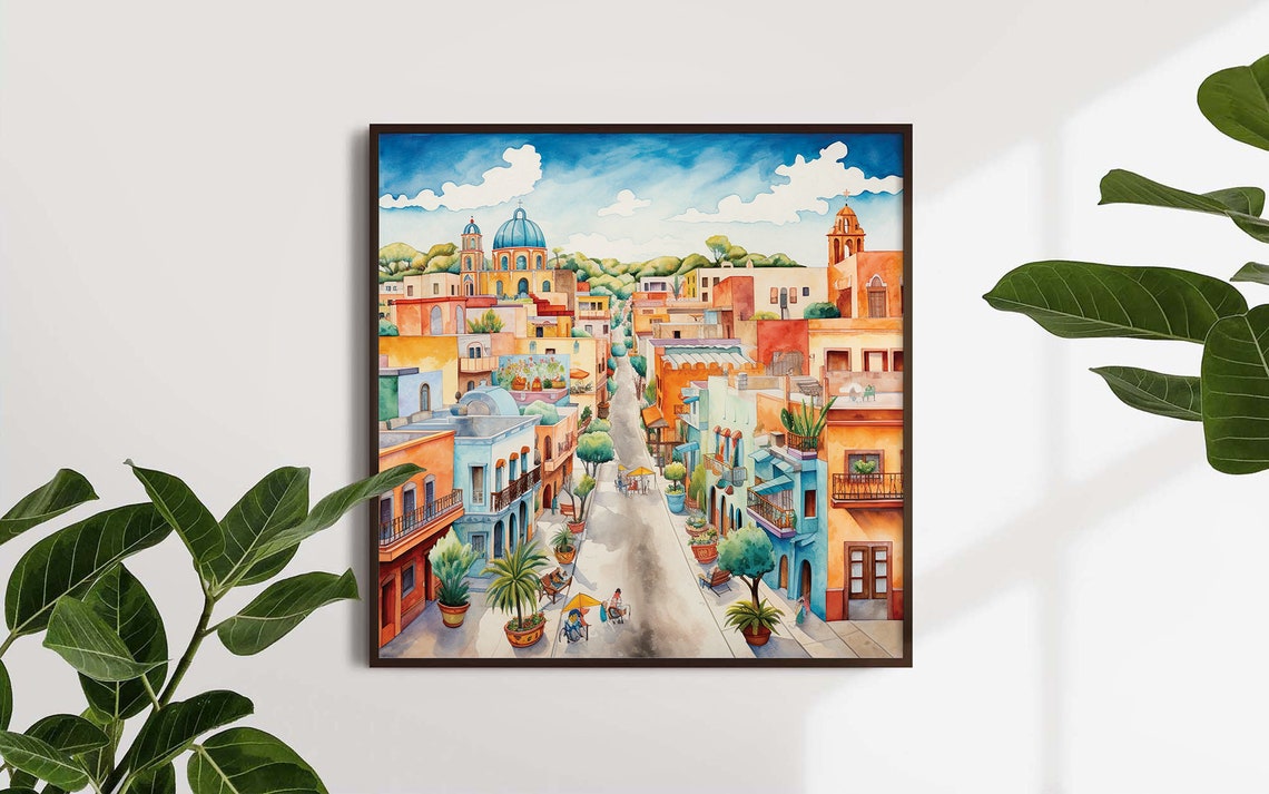 Watercolor Illustration Of Santa Fe In New Mexico Framed Poster Watercolor Santa Fe Cityscape Poster Santa Fe Vibrance Mexican Streets - Image 5
