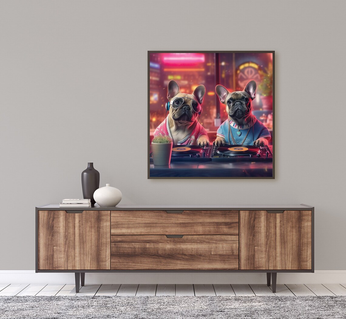 Cool Bulldogs Djs Playing Music In A Club Framed Poster Two French Bulldogs As Dj Dogs Lovers Bulldogs Djs Rave Techno Dogs Wall Art - Image 5