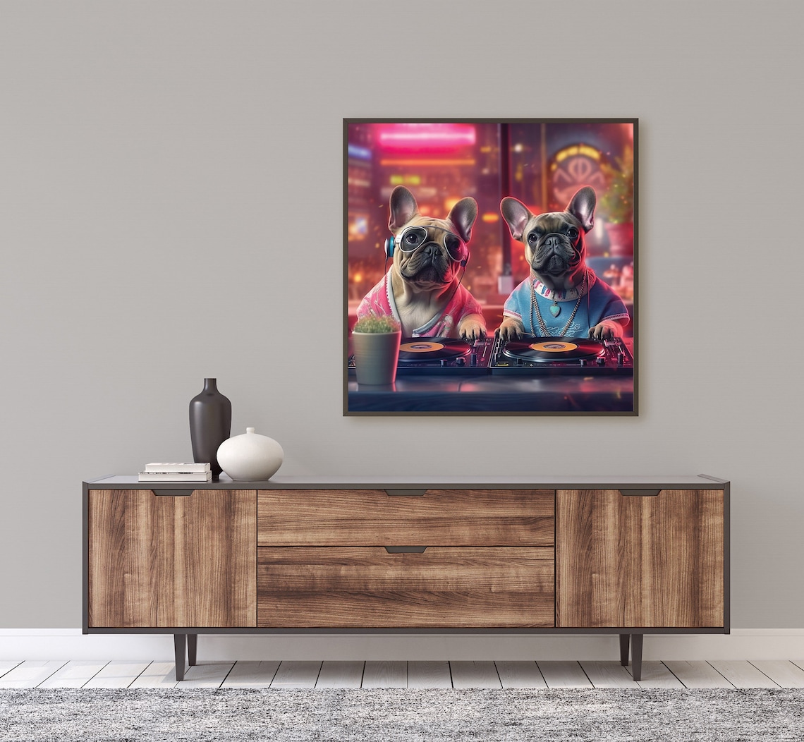 French Bulldogs DJ Duo Neon Nightclub Funny Dogs Music Party Poster - Image 5