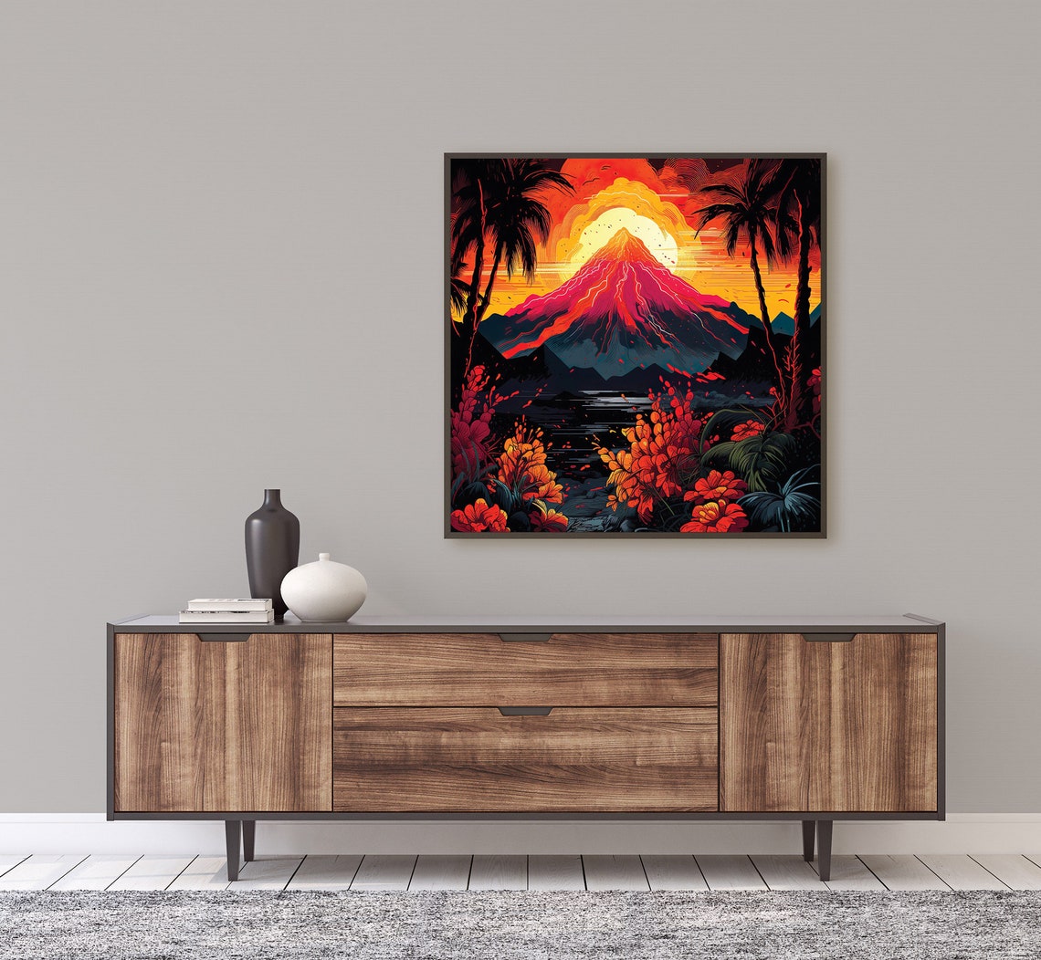 Volcano Eruption At Sunset With Palm Trees Tropical Lava Art Poster - Image 2