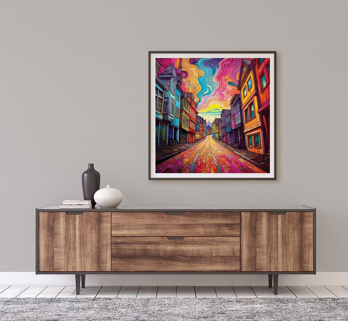 Colorful Psychedelic City Street Swirling Sky Urban Art Poster - Image 5