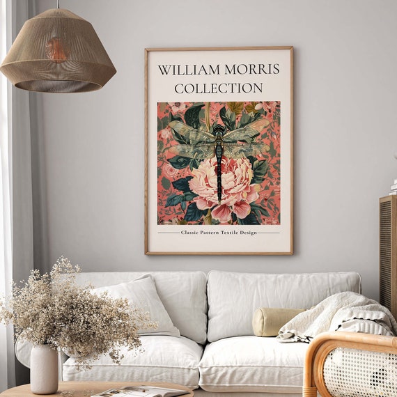 William Morris Dragonfly Print Vintage Pink Celestial Art Home Decor Antique Botanical Illustration Enchanting Classic Floral Gift Artwork