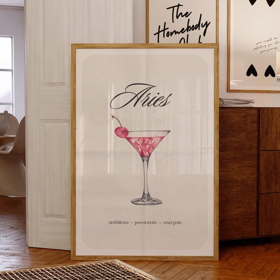 Aries Zodiac Cocktail Poster, Astrology Wall Art