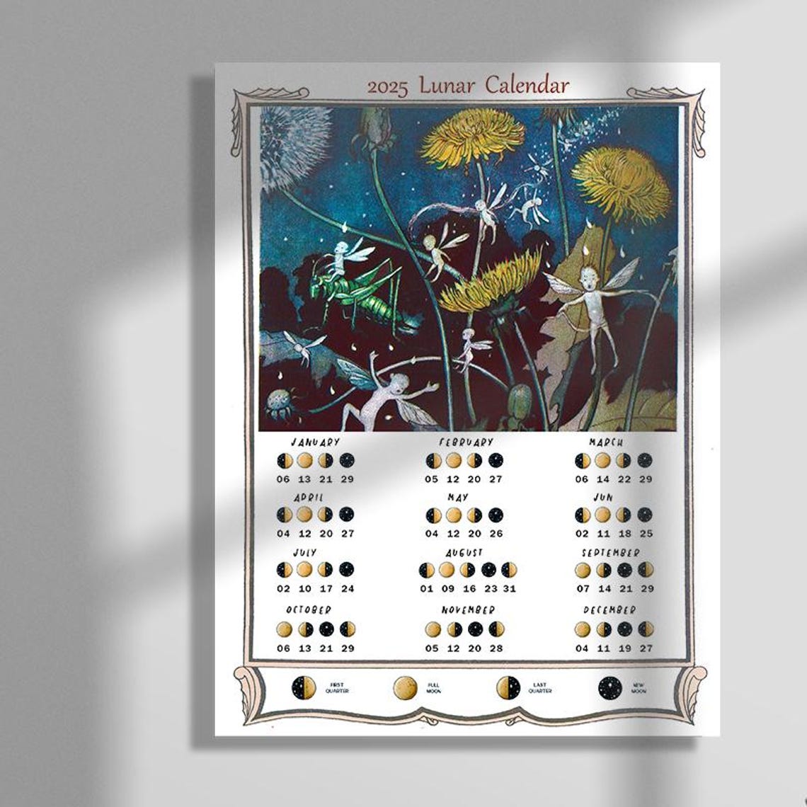 2025 Lunar Calendar Moon Phases Fairy Dandelion Vintage Art Poster