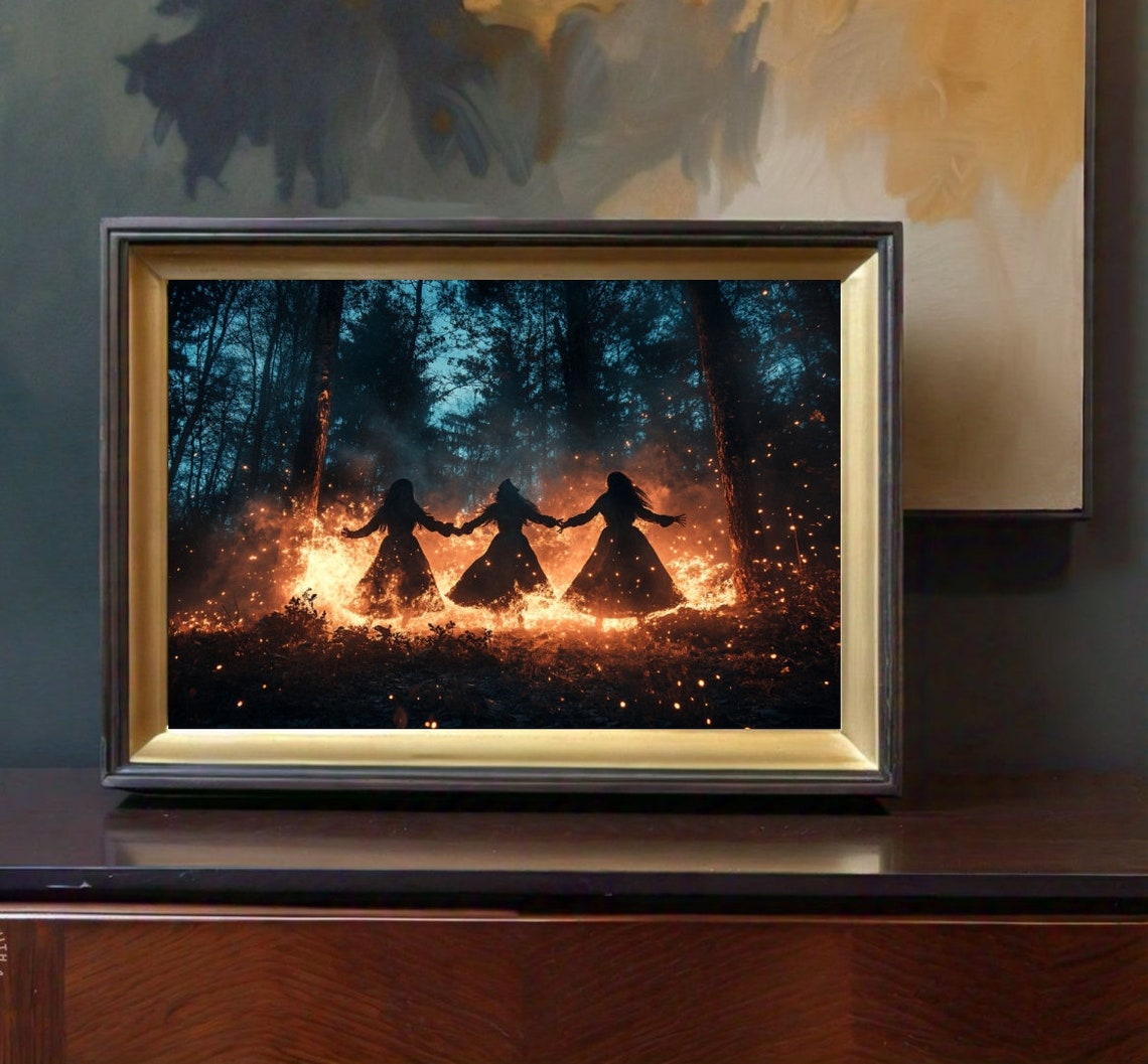 Three Witches Dancing Around Fire in Dark Forest Night Gothic Poster - Image 2