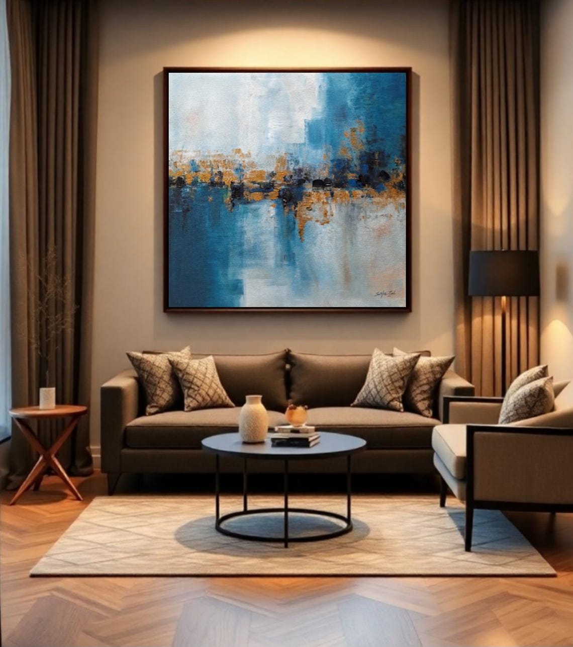 Abstract Blue White Gold Textured Modern Living Room Decor Poster - Image 2
