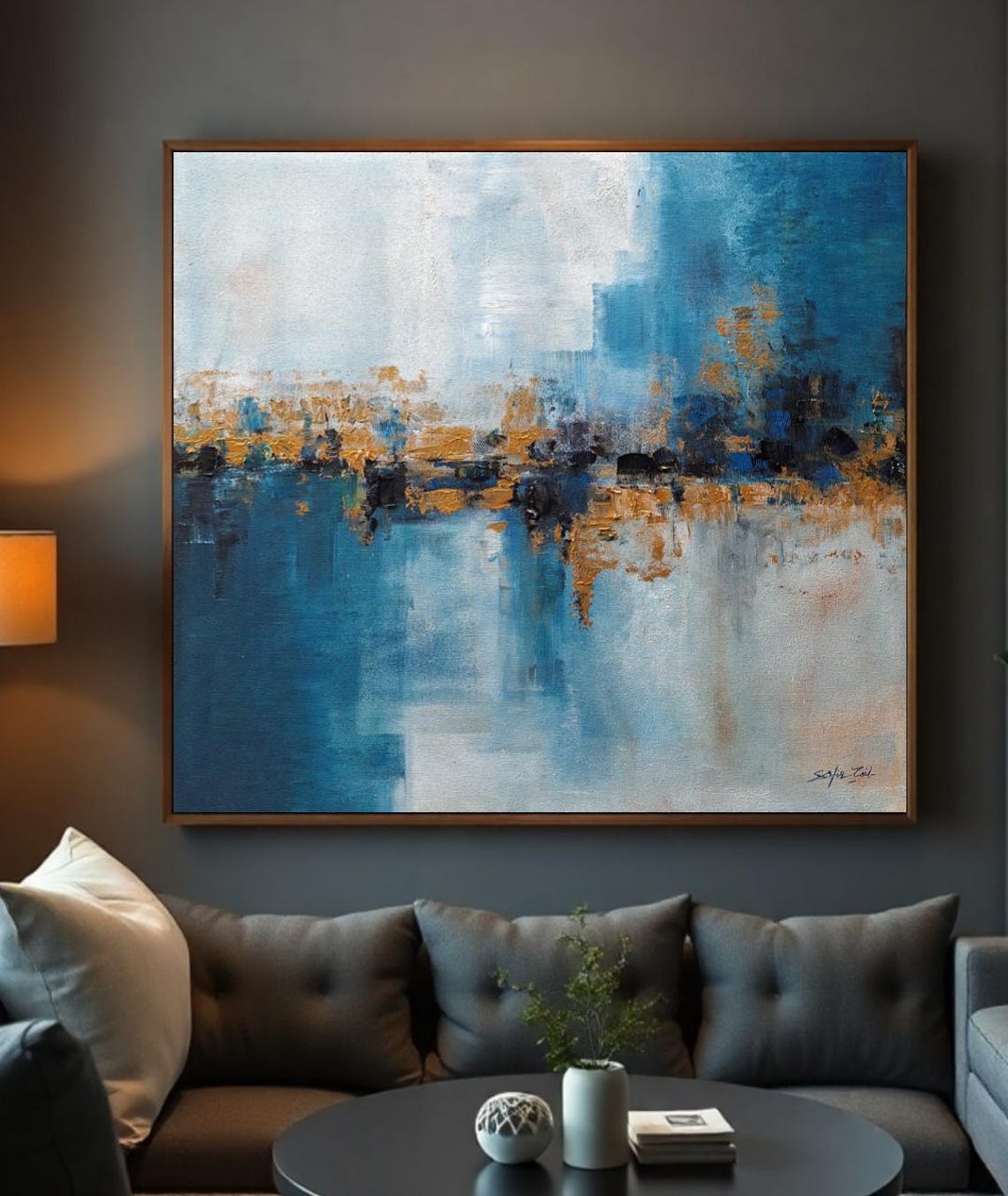 Abstract Blue White Gold Textured Modern Living Room Decor Poster