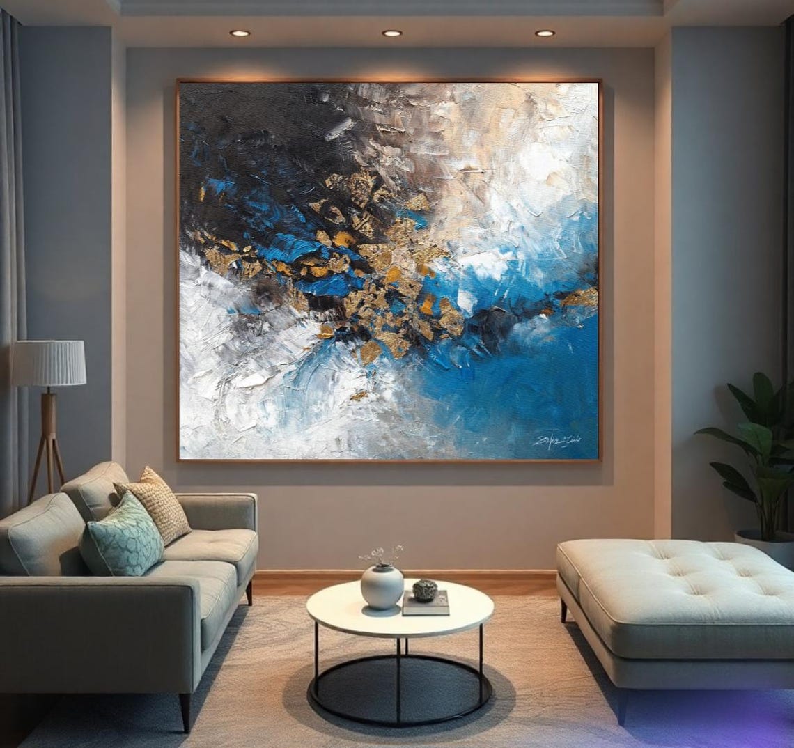 Abstract Charcoal Blue Gold Swirl Textured Modern Artwork Poster - Image 3