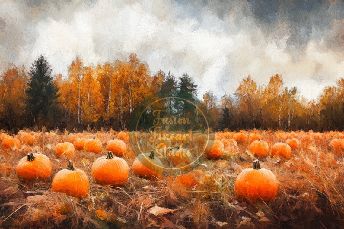 Pumpkin Patch Field Under Moody Autumn Sky Harvest Landscape Poster - Image 3