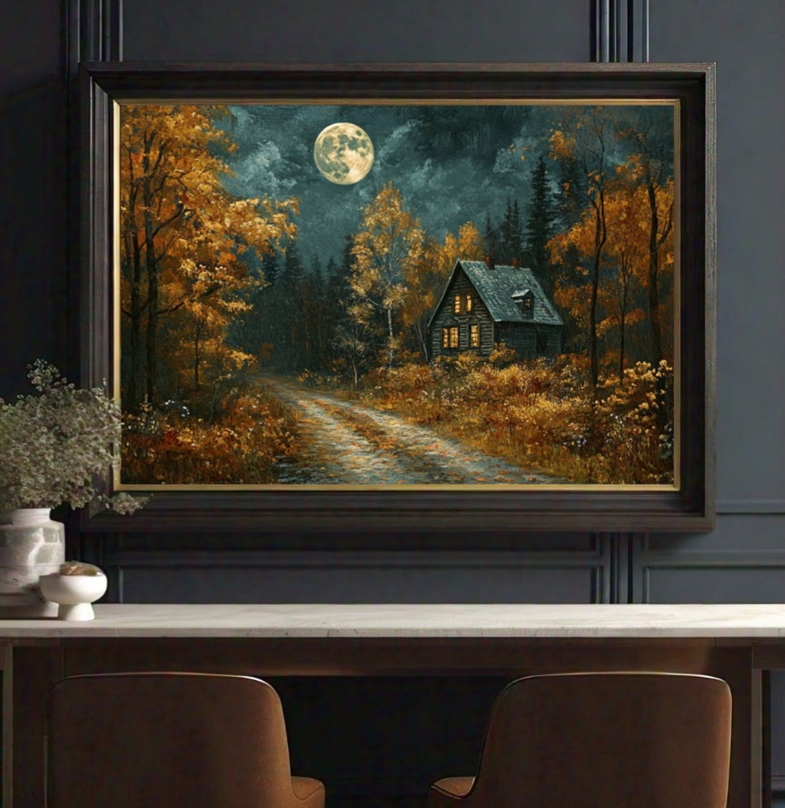 Moonlit Autumn Forest Cabin Golden Trees Night Winding Path Poster - Image 2