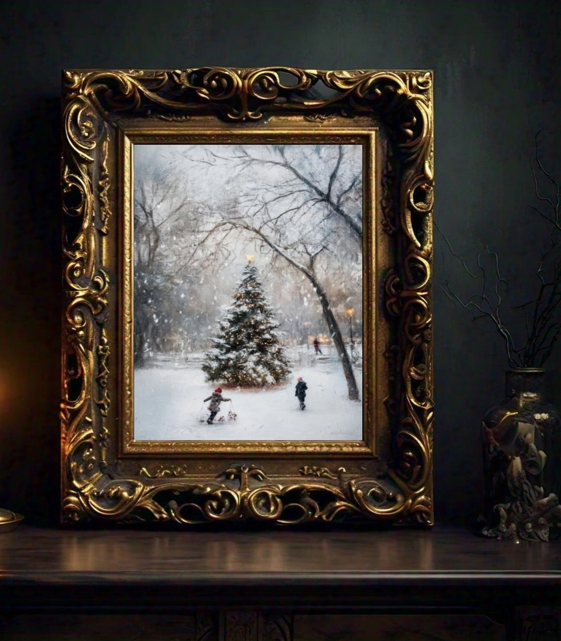 Snowy Park Christmas Tree Children Sledding at Dusk Vintage Poster - Image 2