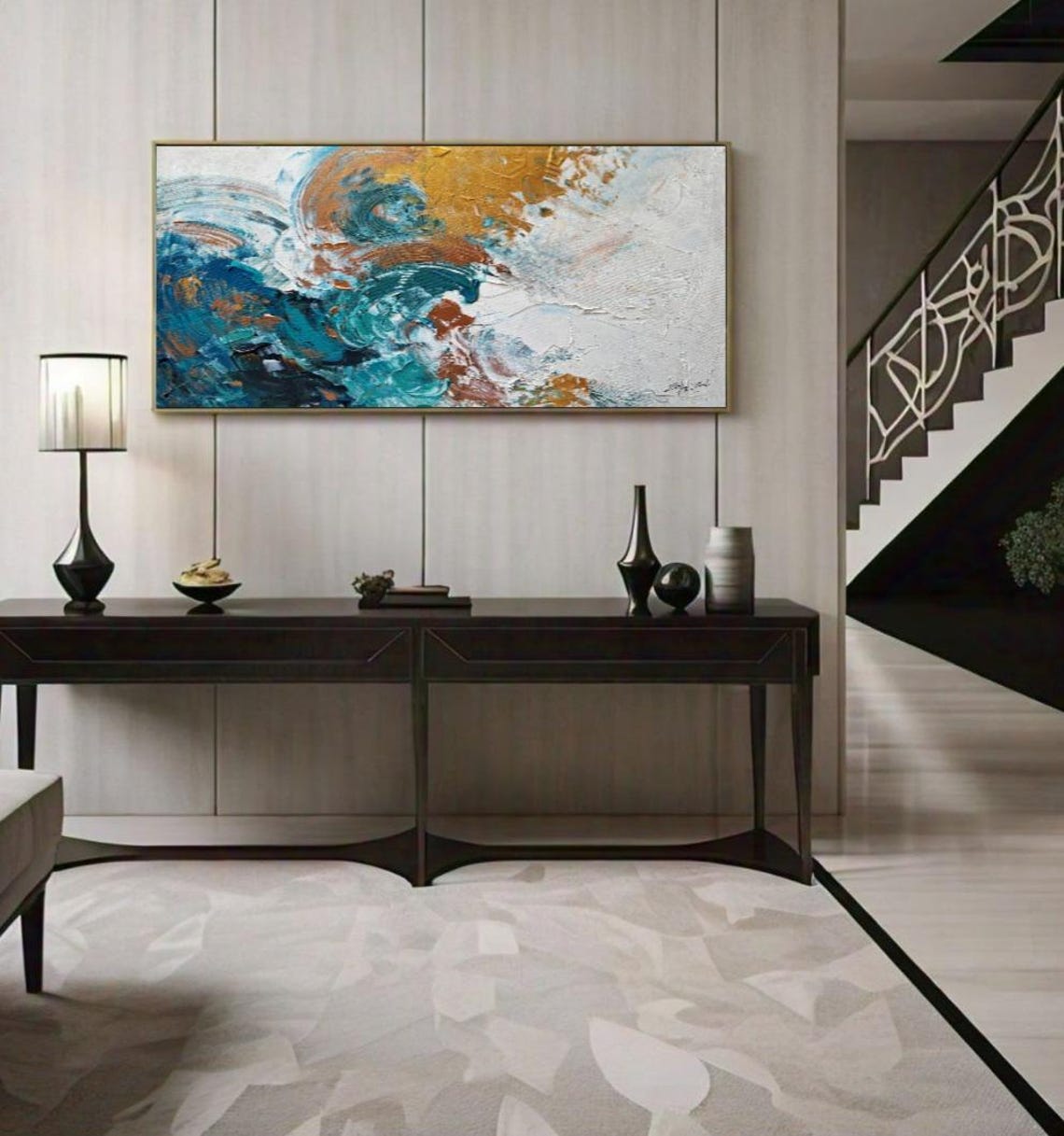Teal Gold Ocean Wave Swirl Impasto Abstract Original Art Poster - Image 2