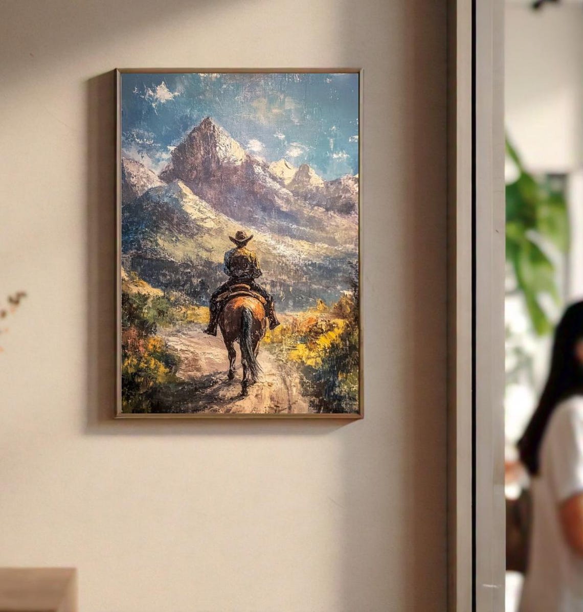 Cowboy Riding Sunlit Mountain Peak Autumn Trail Adventure Poster - Image 2