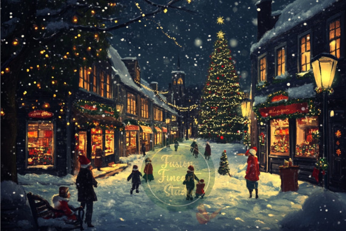 Christmas Village Main Street Night Lit Shops Big Tree Snowy Poster - Image 3