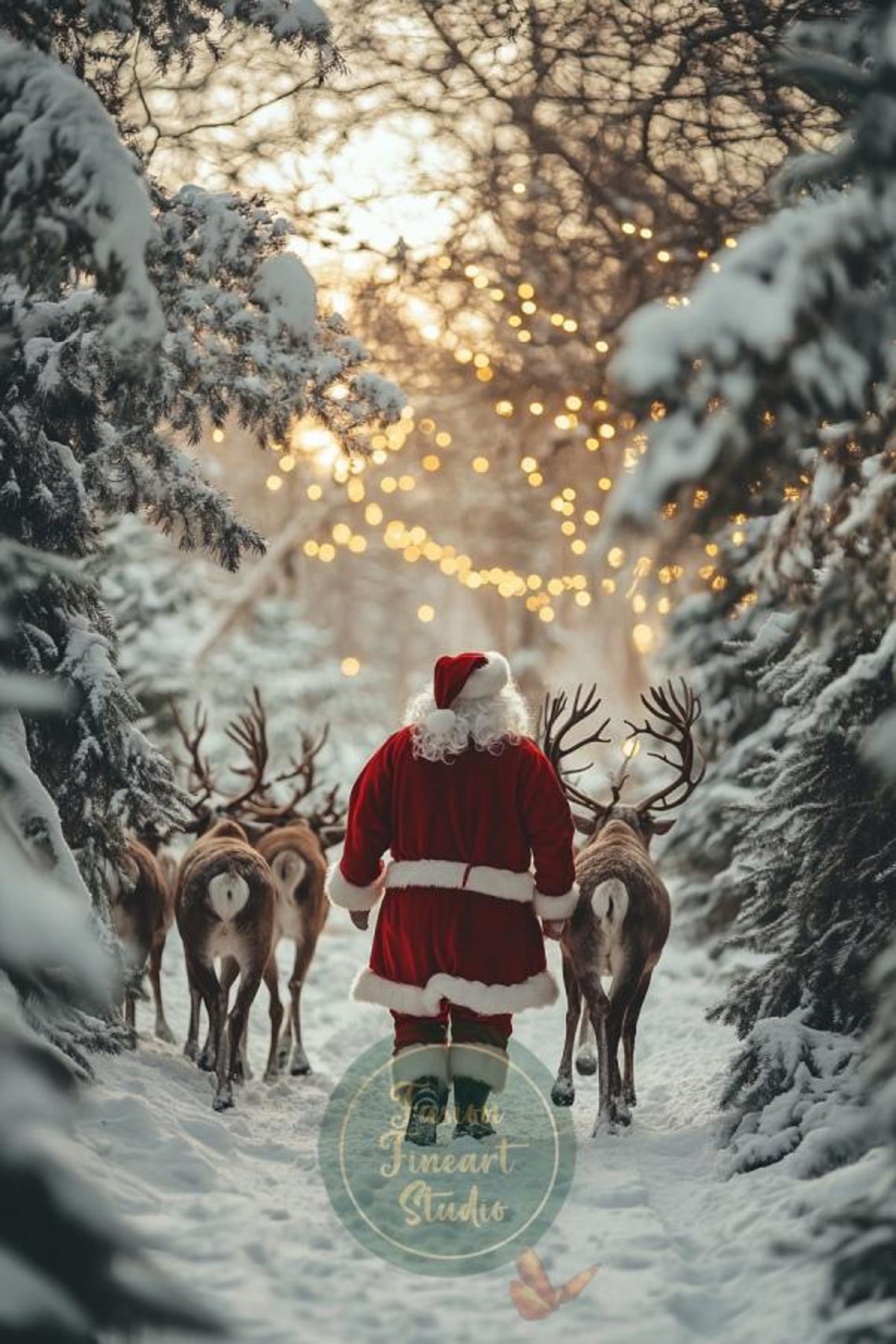 Santa Claus Reindeer Snowy Forest Walk Warm Lights Painting Poster - Image 3