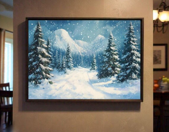 Snowy Pine Trees Mountain Night Falling Snow Winter Scene Poster