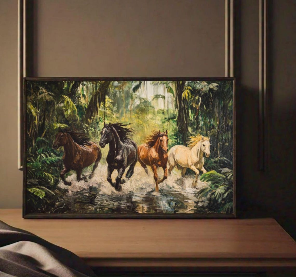Four Wild Horses Galloping Jungle Stream Water Splash Poster
