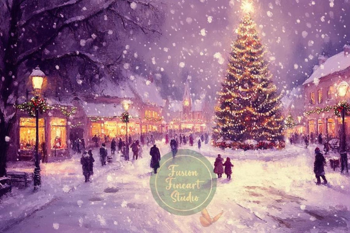 Snowy Christmas Village Square Lit Tree Dusk Winter Wonderland Poster - Image 3
