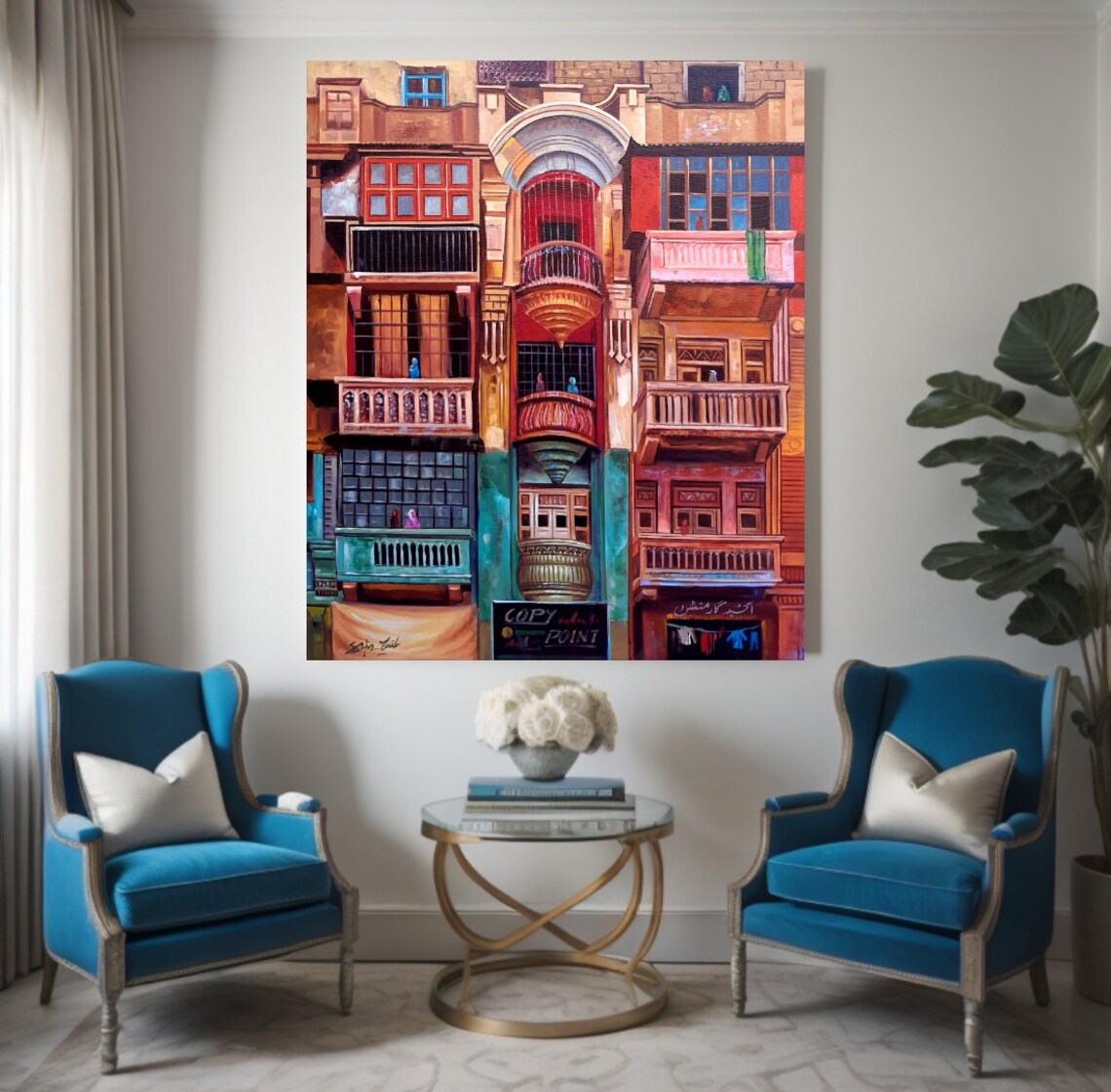 Vintage Balconies Indian Art, Contemporary Oil Painting - Image 2