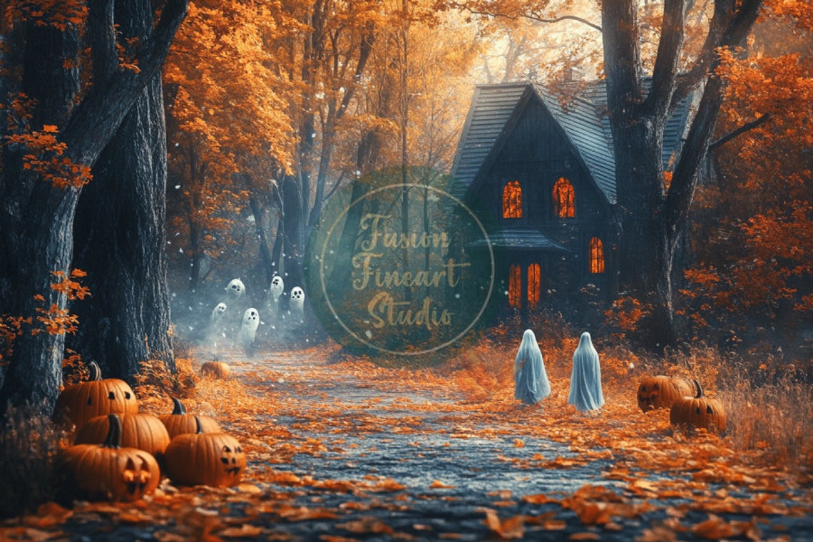 Haunted House in Misty Autumn Forest Ghosts Pumpkins Halloween Poster - Image 3