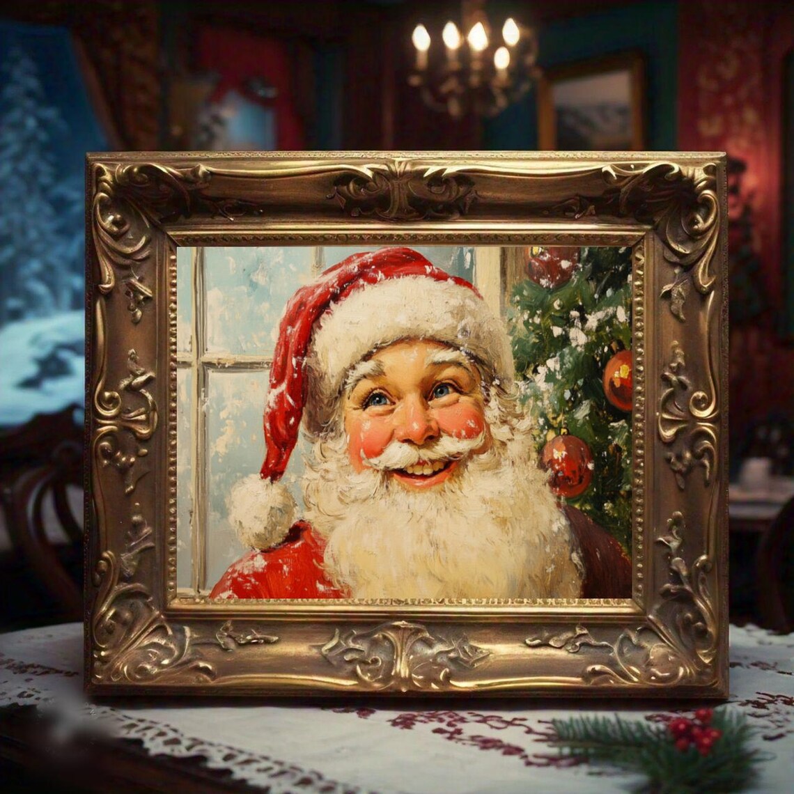 Vintage Santa Claus Smiling Portrait Window Christmas Painting Poster