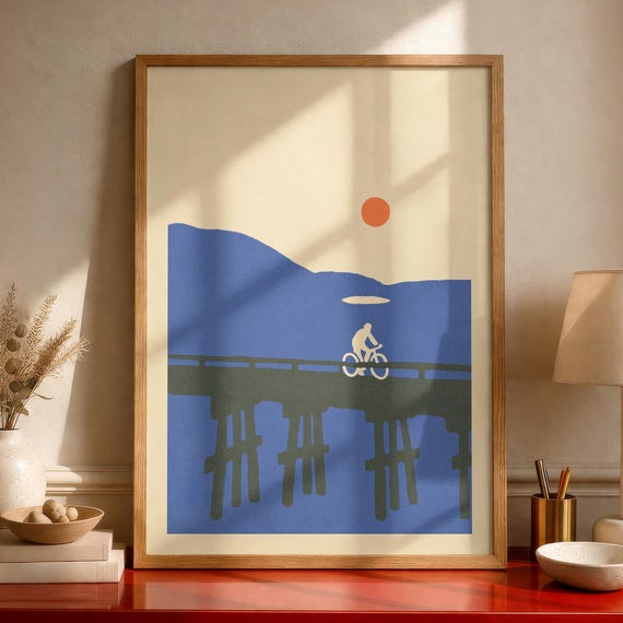 Japanese Cyclist Travel Poster Minimalist Landscape Sunset Wall Art Navy Blue Mountain Print
