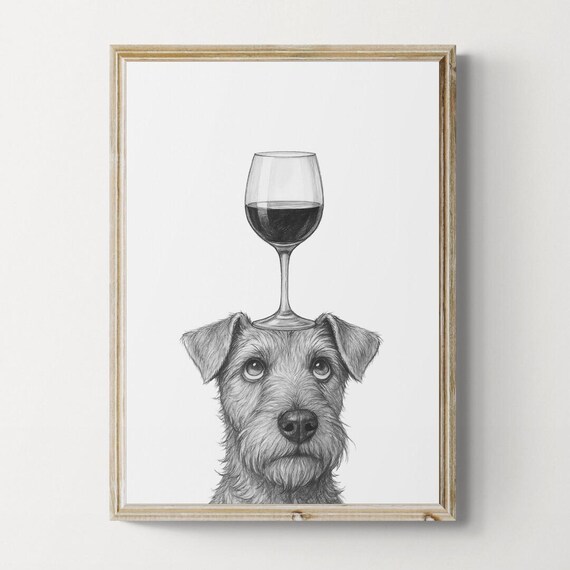 Welsh Terrier Dog Art Print Funny And Wine Drawing Lover Wall Decor Lovers Gifts