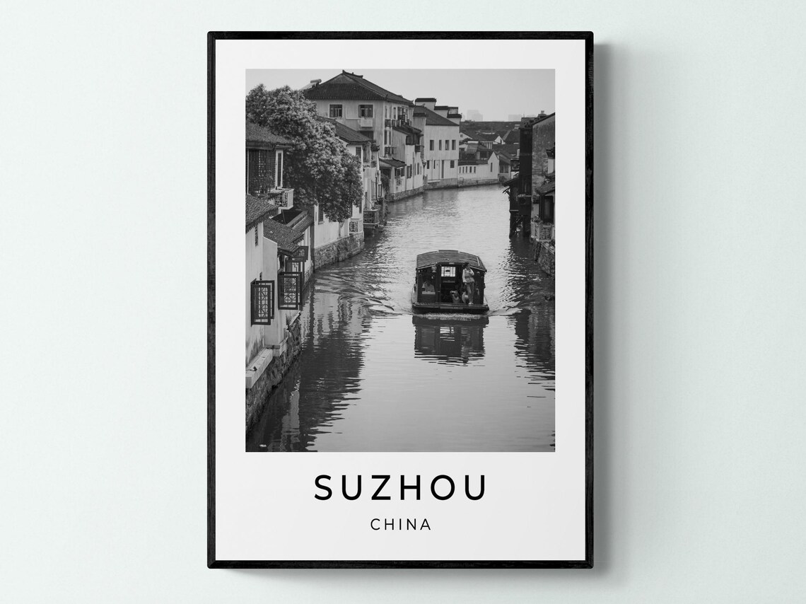 Suzhou China Ancient Water Town Canal Boat Black White Travel Poster