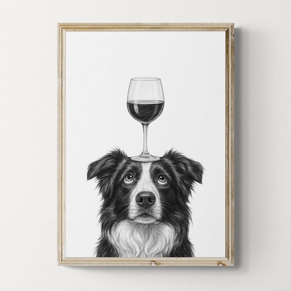Border Collie Dog Art Print Funny And Wine Drawing Lover Wall Decor Lovers Gifts