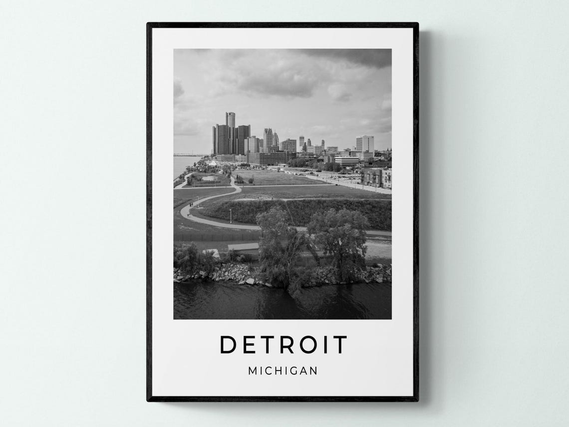 Detroit Michigan Riverfront Skyline Black And White Monochrome Poster