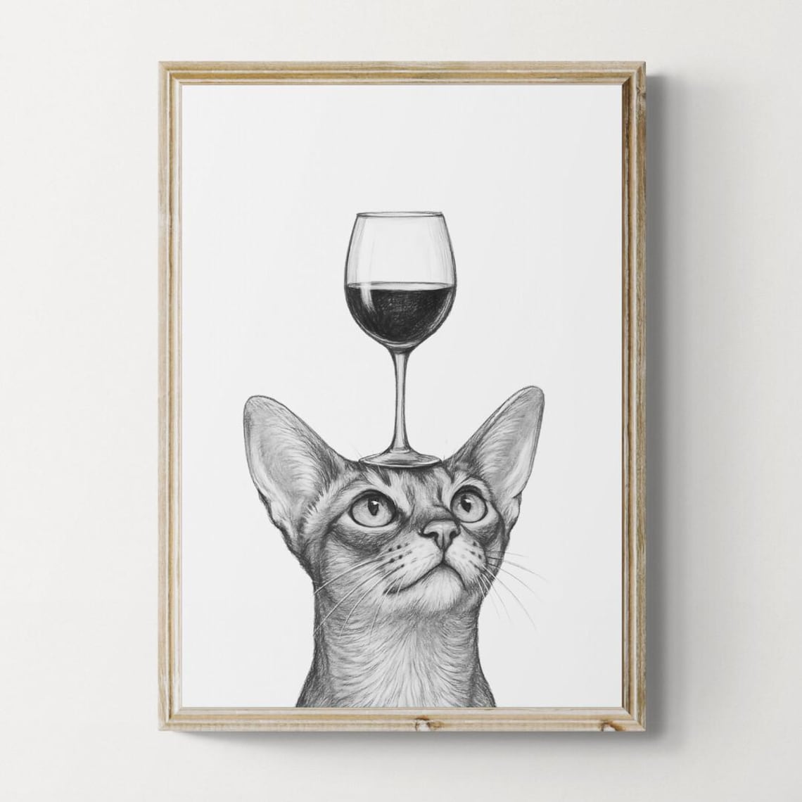 Abyssinian Cat Balancing Wine Glass Funny Pencil Sketch Poster