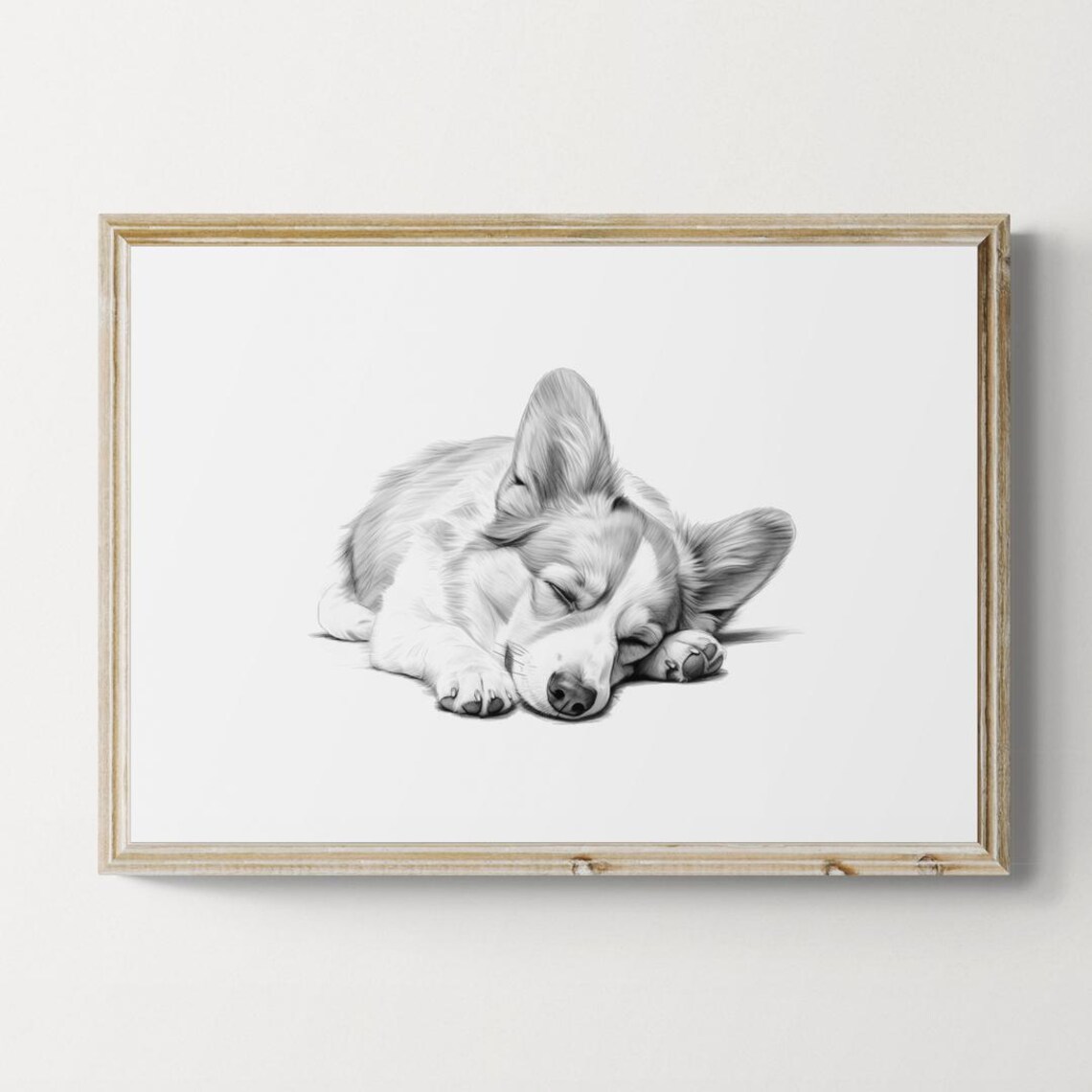 Sleeping Corgi Puppy Pencil Sketch Black White Minimalist Dog Wall Art