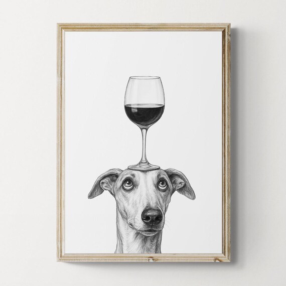 Greyhound Dog Art Print Funny And Wine Drawing Lover Wall Decor Lovers Gifts
