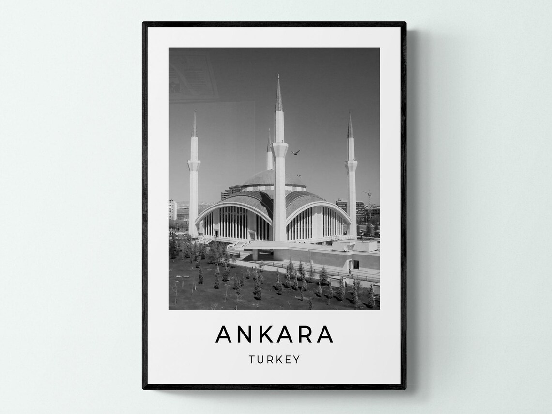 Ankara Turkey Modern Grand Mosque Minarets Monochrome Travel Poster
