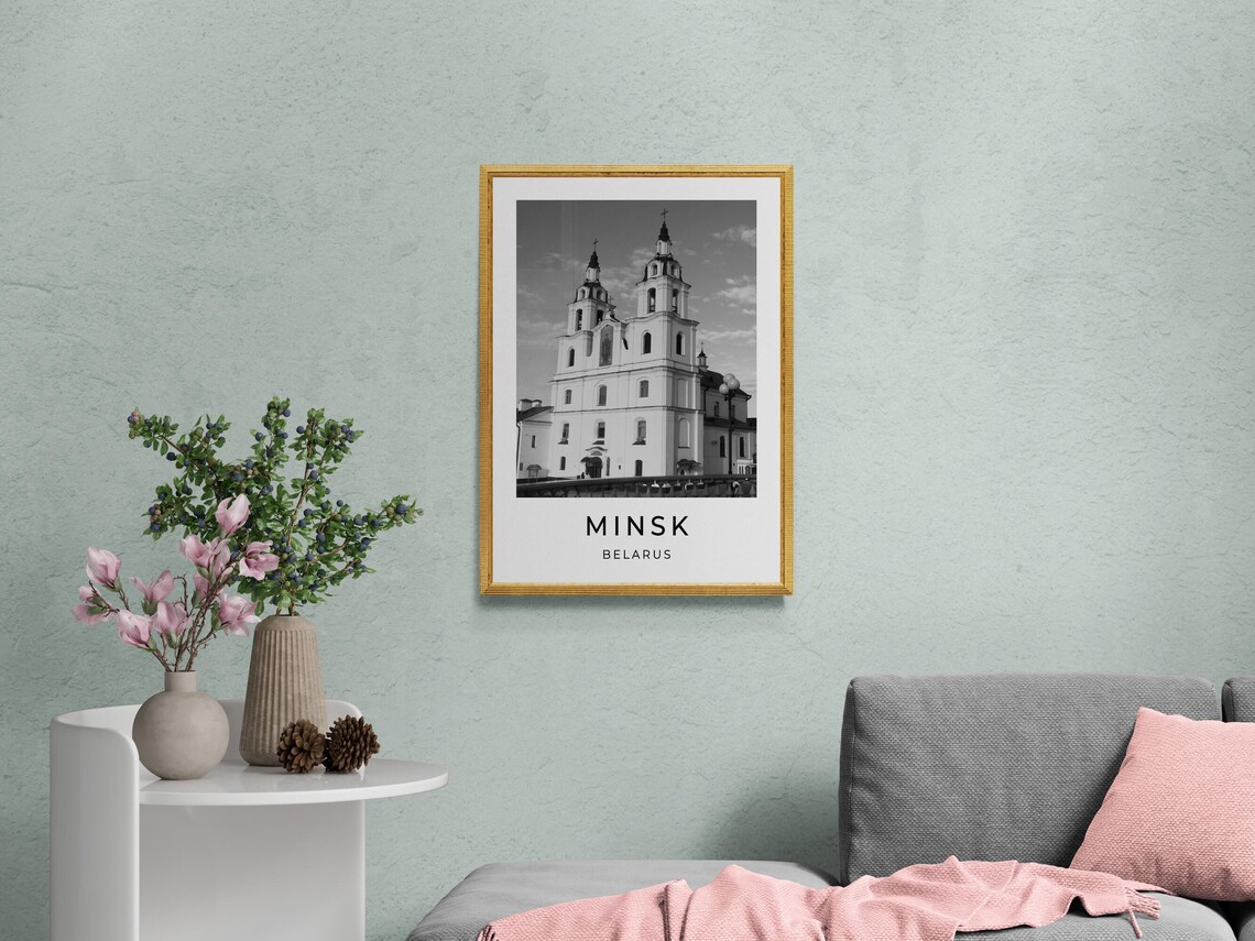 Minsk Belarus Twin Tower Orthodox Cathedral Black White City Poster - Image 2