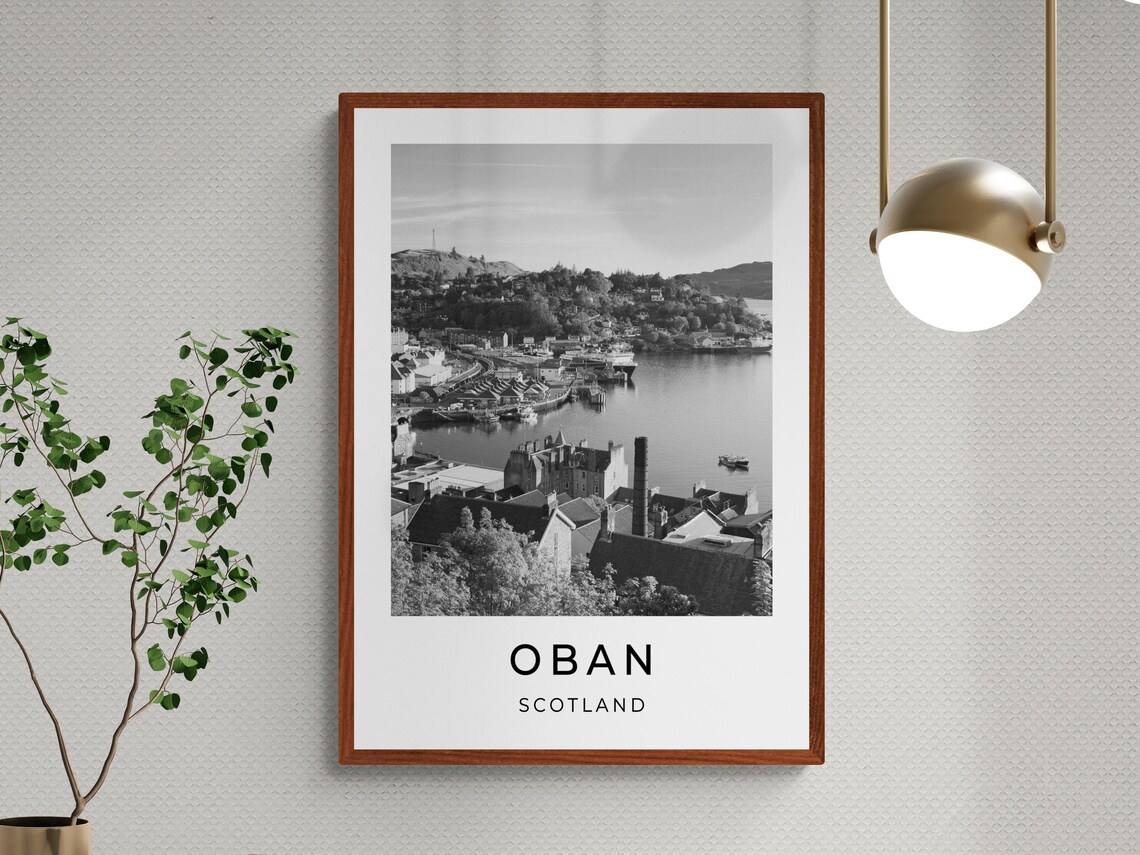 Oban Scotland Bay View Boats Hillside Town Harbor Monochrome Poster - Image 3