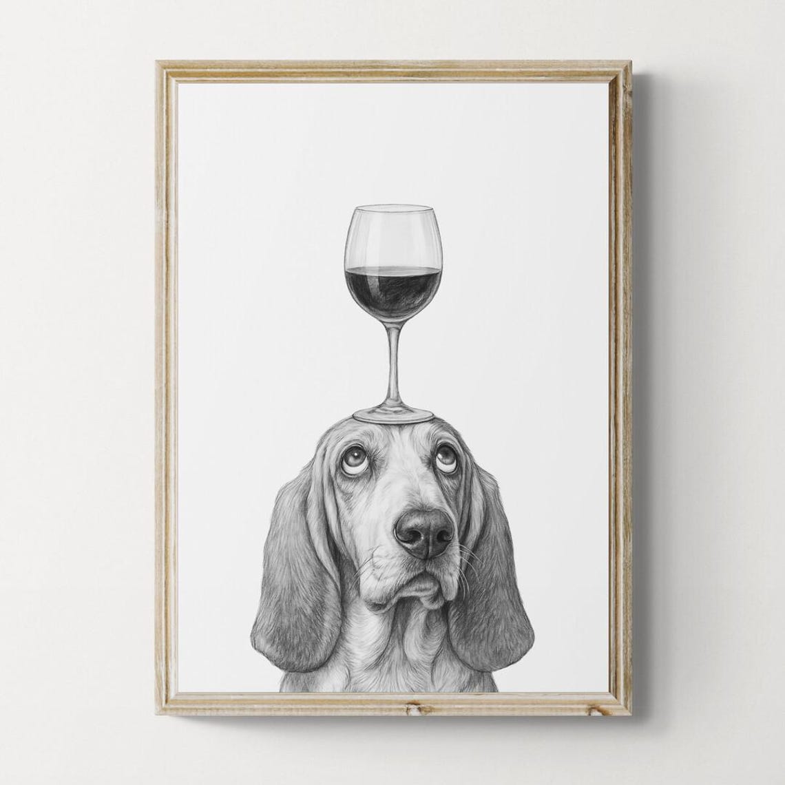 Basset Hound Balancing Red Wine Glass Funny Pencil Sketch Art Poster