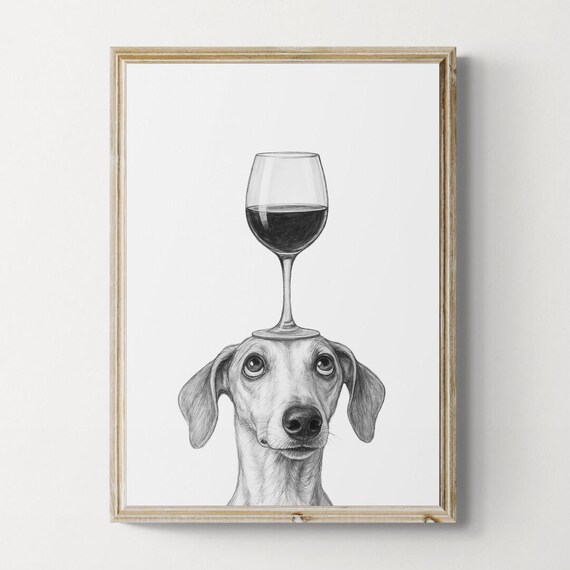 Whippet Dog Art Print Funny And Wine Drawing Lover Wall Decor Lovers Gifts