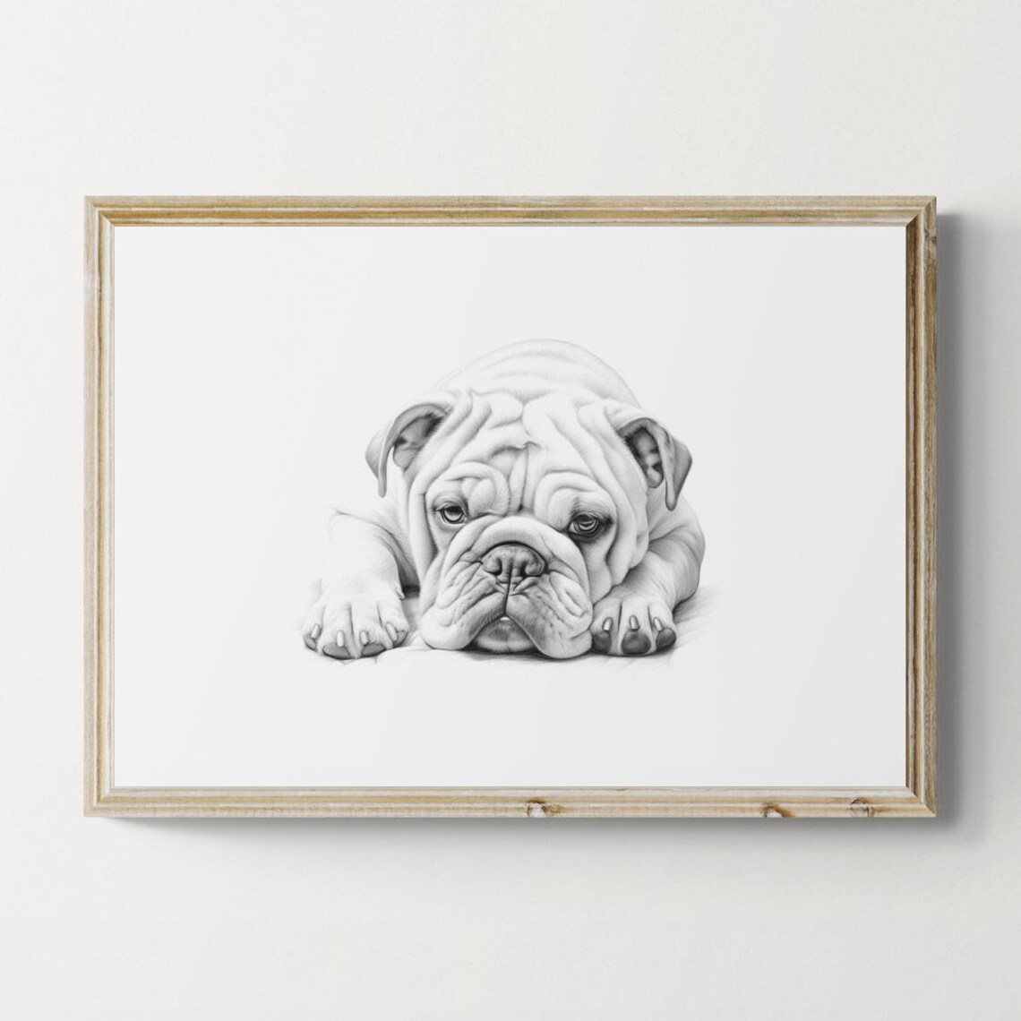 British Bulldog Puppy Pencil Sketch Black White Farmhouse Print