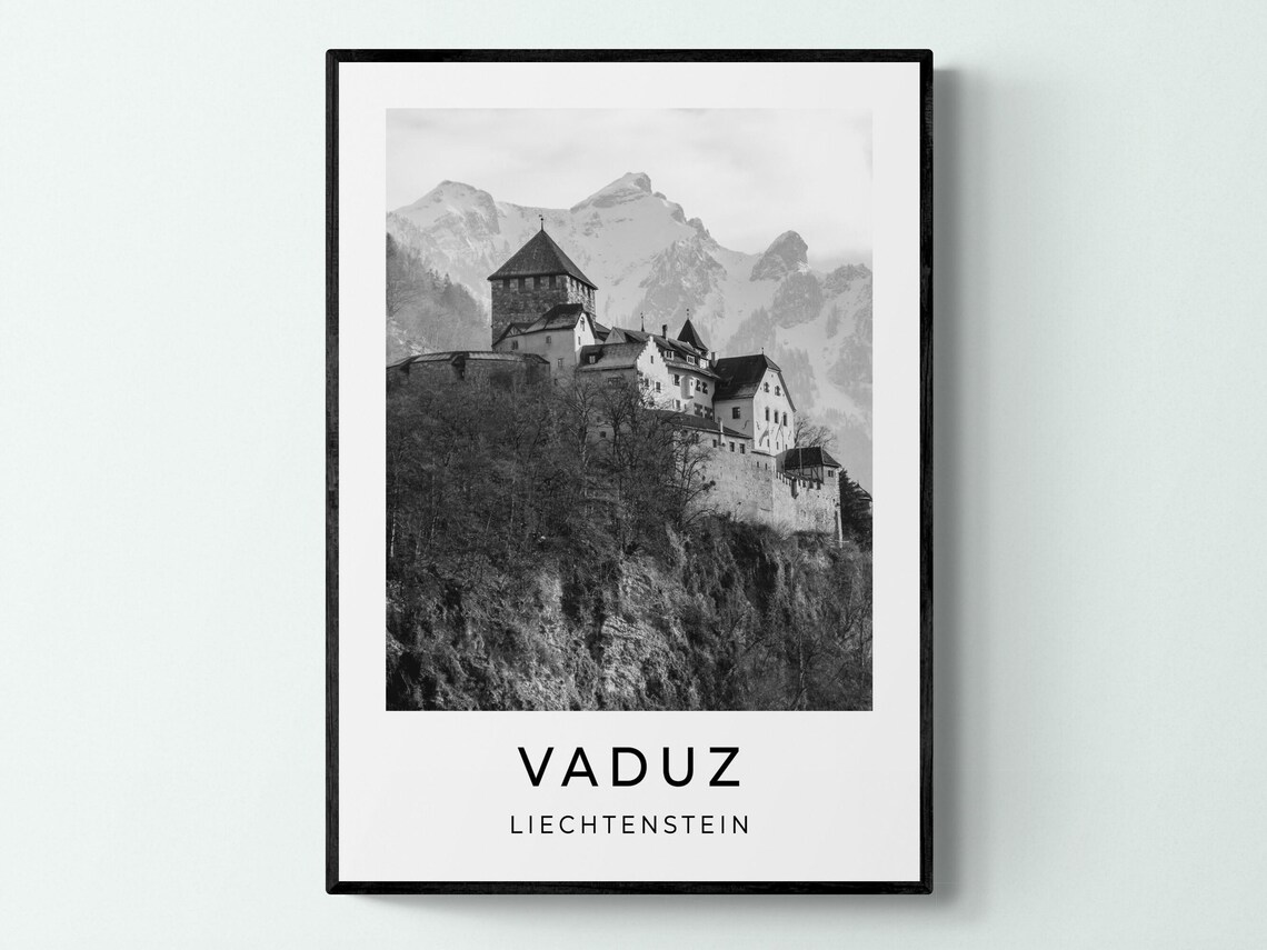 Vaduz Liechtenstein Castle Mountain Black White Travel Poster